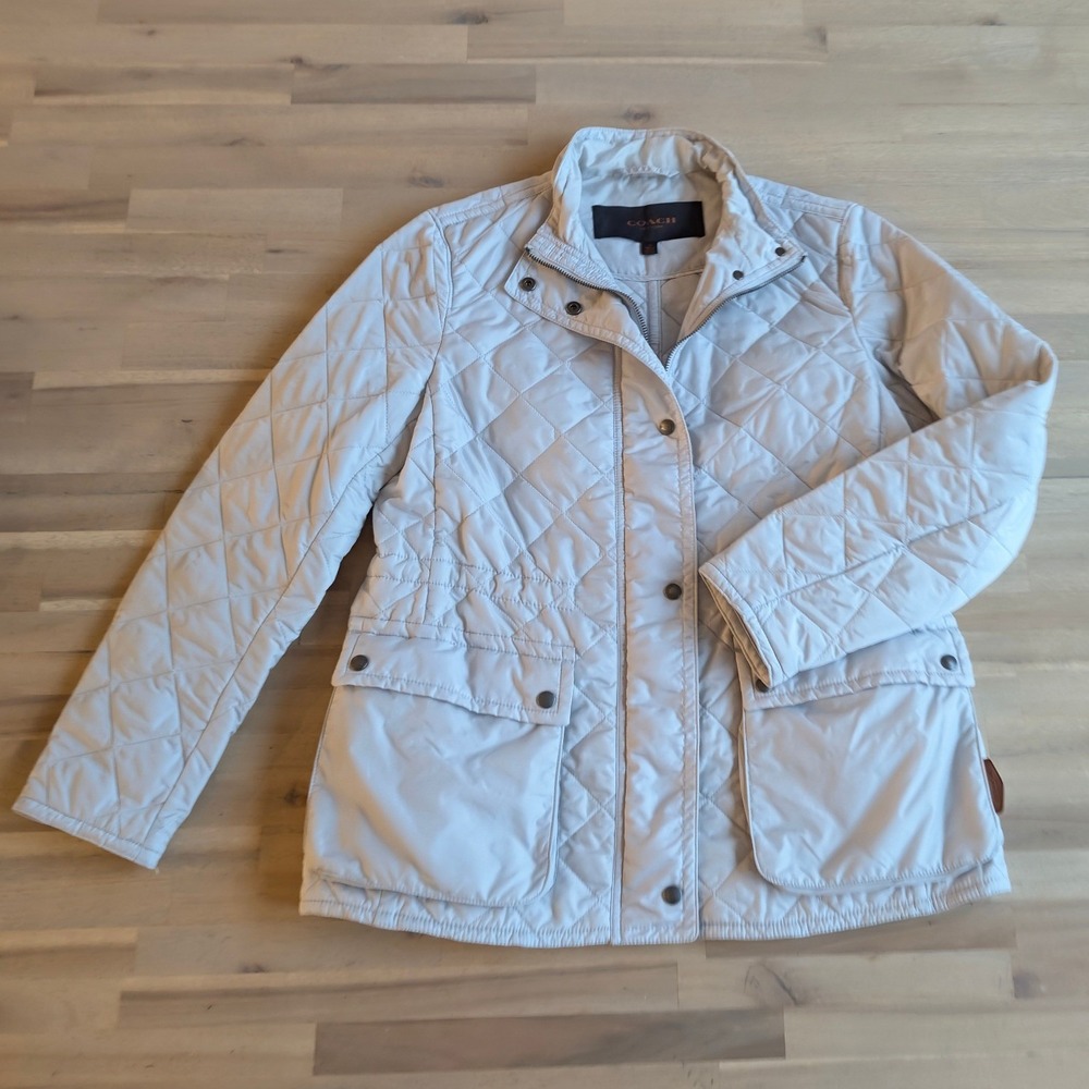Coach Women's Quilted Utility Jacket Light Gray Size M Snap‎ Button